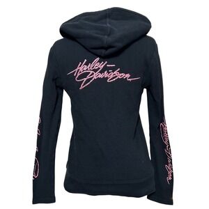 Y2K Harley Davidson Womens Black Thermal Hoodie Pink Sparkly Henley Long Sleeve
